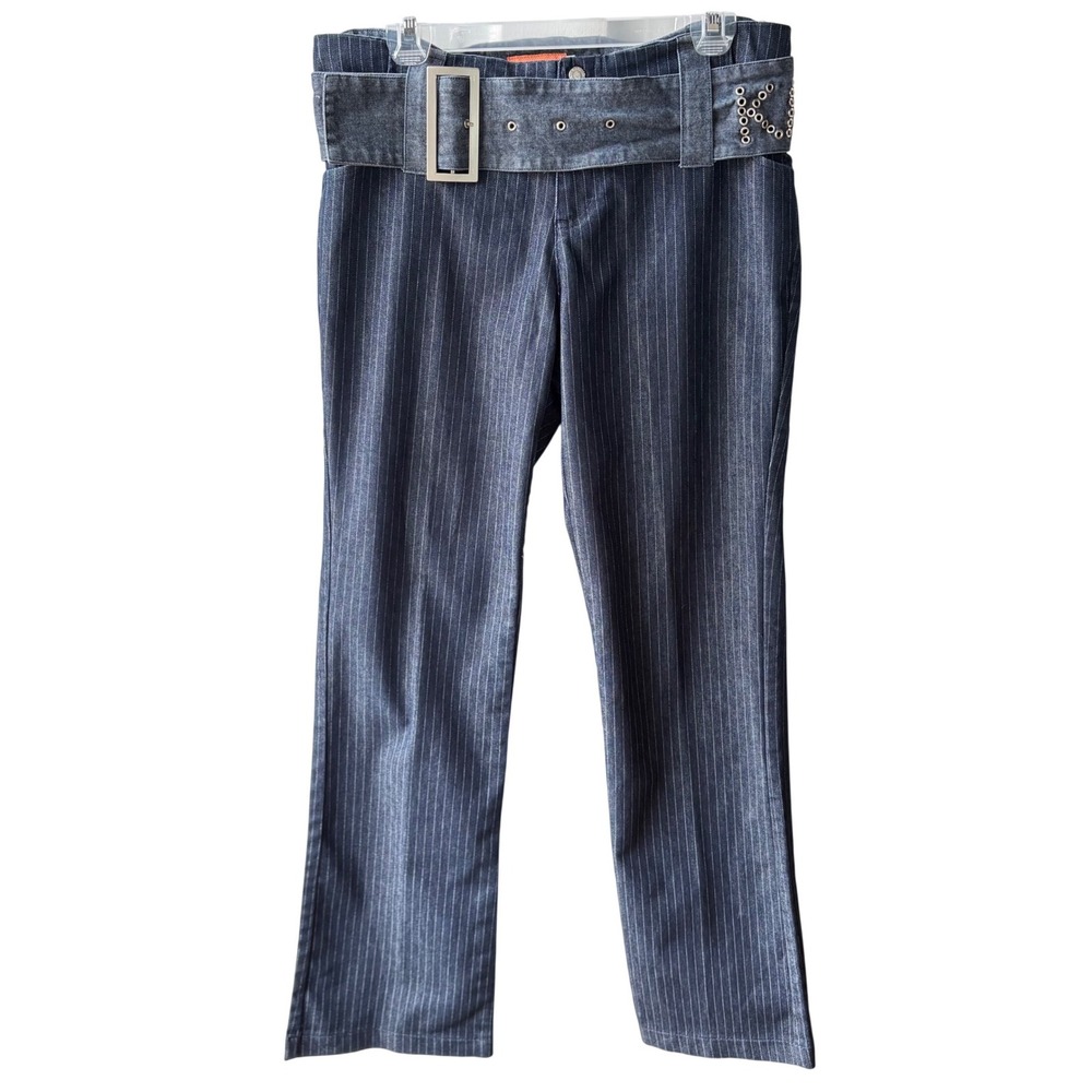 Karl Kani Pinstripe Belted Wide Leg Pants Womens 12‎ Blue Y2K Hip Hop Streetwear